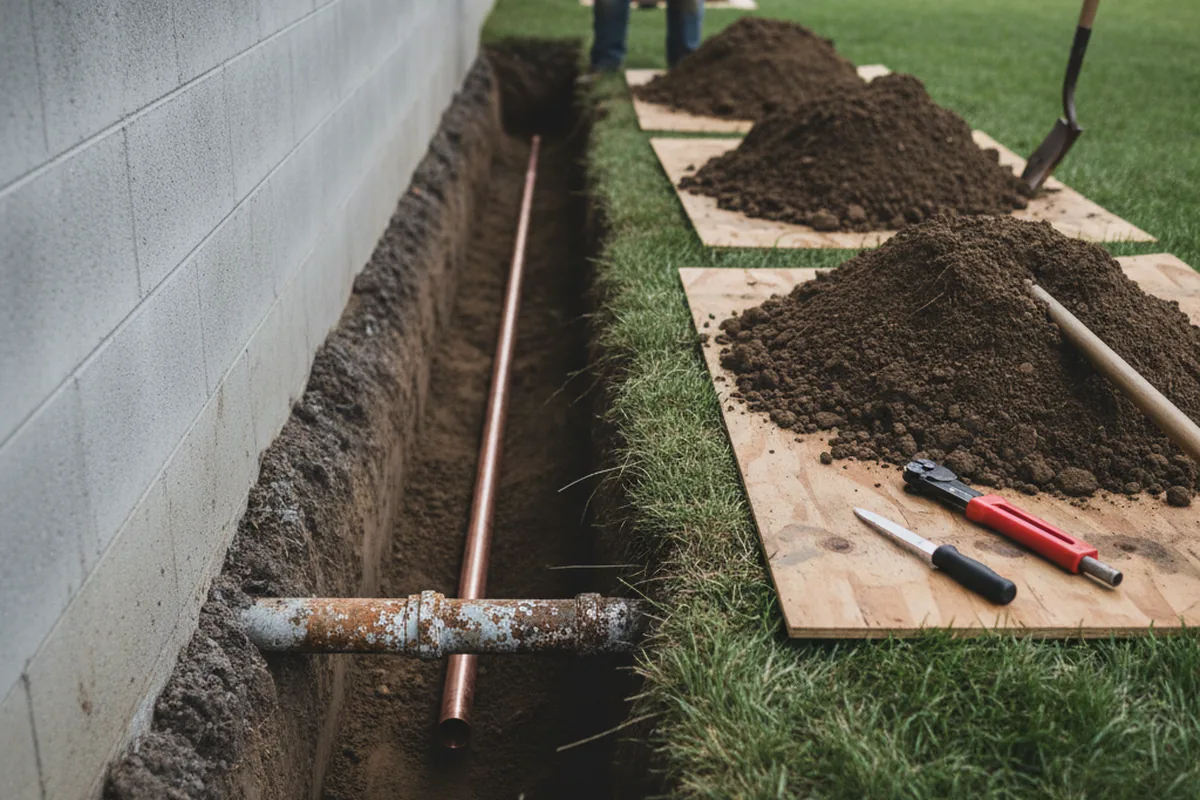Excavated water line trench during Water Softener Installation in Villa Grande